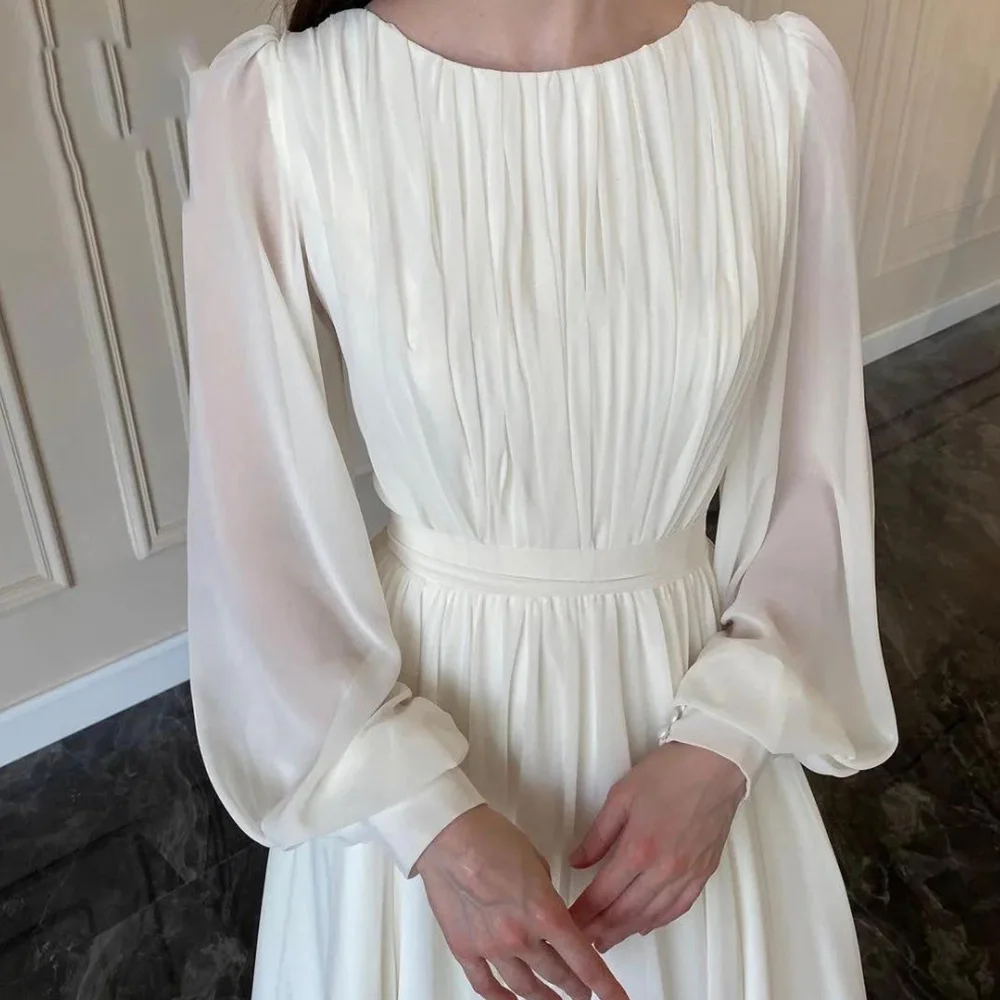 Muslim Ivory A-line Wedding Dresses Satin Draped 2023 New Design Pleat Full Brideing Gown Floor Length O-Neck robe de mariée 5