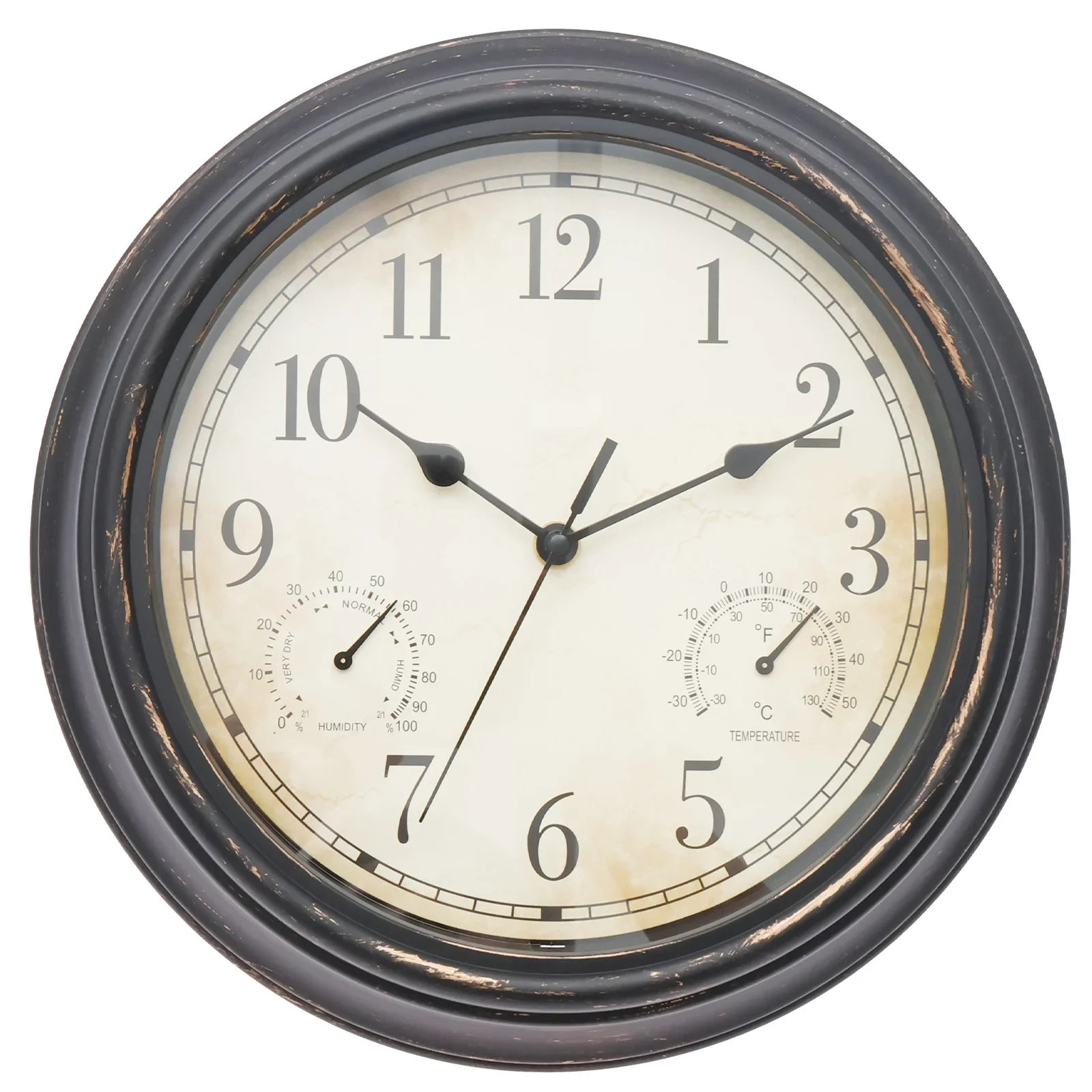 שעון קיר גינה חיצוני עם מד טמפרטורה ולחות, עמיד למים, שעון קיר וינטאג' עם סוללה לגינה, פטיו ובריכה