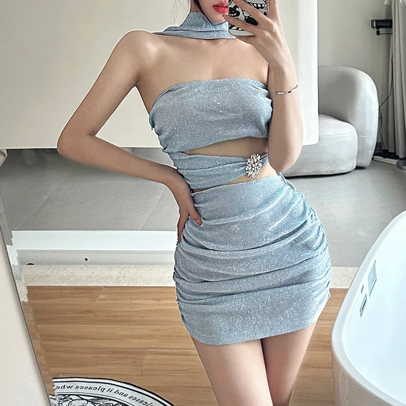 Nibber Solid Color Flash Hollow Summer Bachelor Party Sexy Pretty Mature Beautiful Confident Tight Hot Cool Women's Halter Dress
