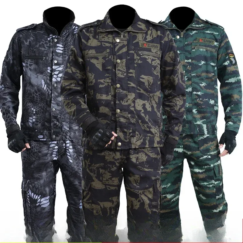 Men's All Season Camouflage Two Piece Workwear Set Breathable Durable Outdoor Construction Automotive Military Training Uniform