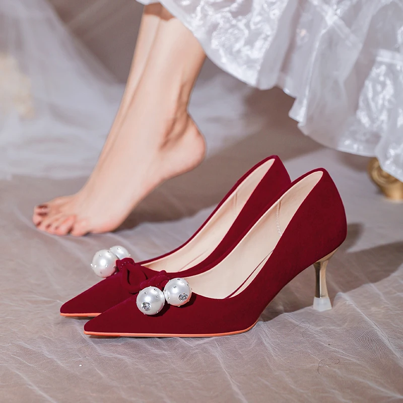 

Chinese Retro Wedding Shoes Bride Dress Pumps Wine Red Suede Cloth Stiletto High Heel Pearl Female Daily Wear Single Shoes