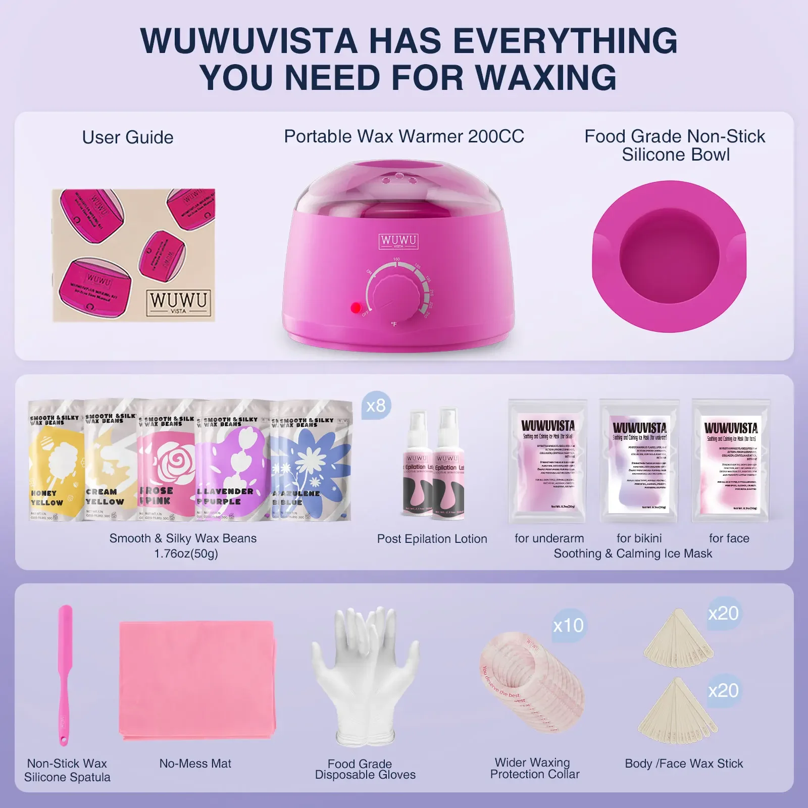 Waxing Kit EU Plug 69 items WUWUVISTA Hair Removal Hard Wax Kit Wax Melt Warmer Waxing Beads Face/Brazilian/Full Body/Bikini