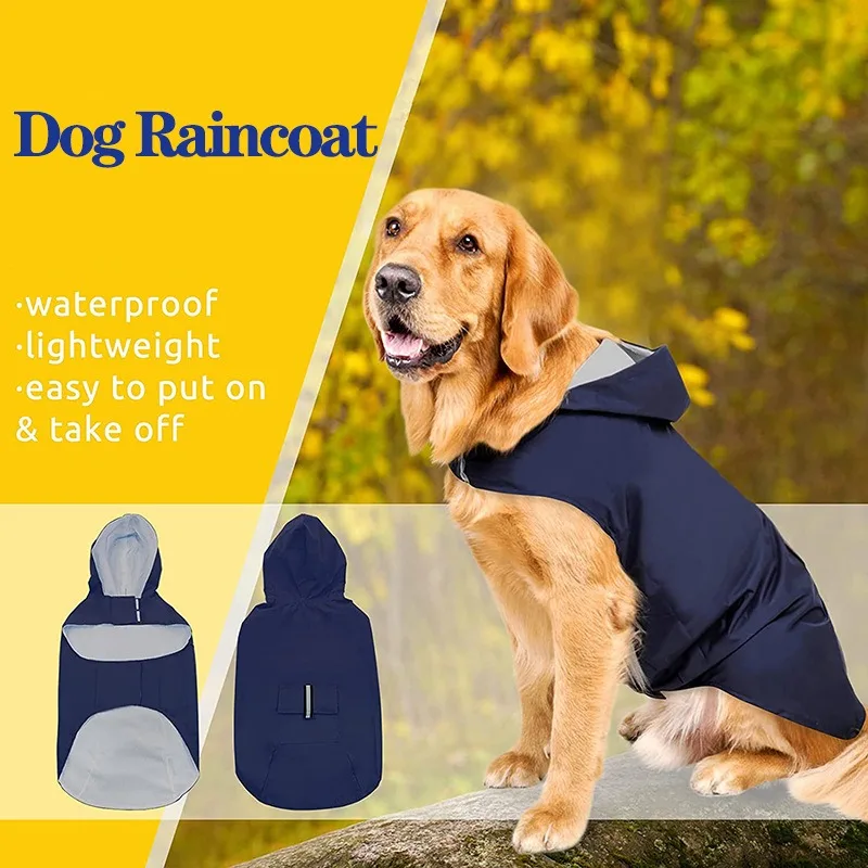 Dog Raincoat Waterproof Hoodie Jacket with Reflective Stripe for Outdoor Dogs