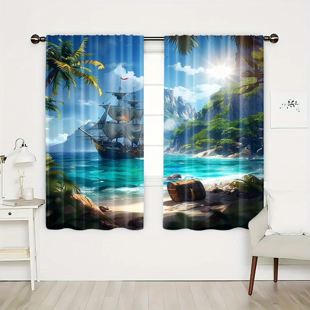 2-Piece Semi-Blackout Curtains Tropical Island Pirate Ship Palm Tree Design Rod Pocket Hanging for Bedroom Floor Window Blinds 2