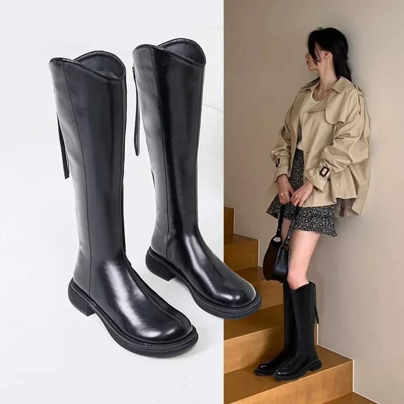 

Back zipper thick sole and round toe Western cowboy boots Women's high heel riding boots Long boots High boots Long boots Martin