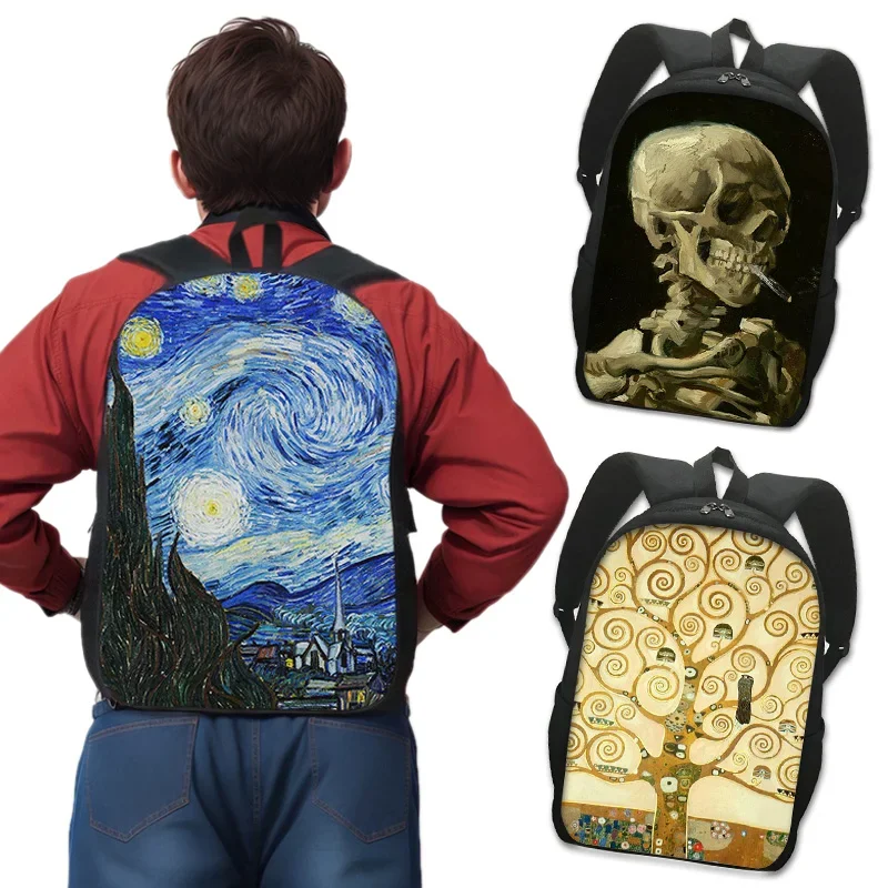 

Mochila pintura a óleo com van Gogh, monet, klimt, noite estrelada, beijo, à prova d'água, para laptop, para adolescentes