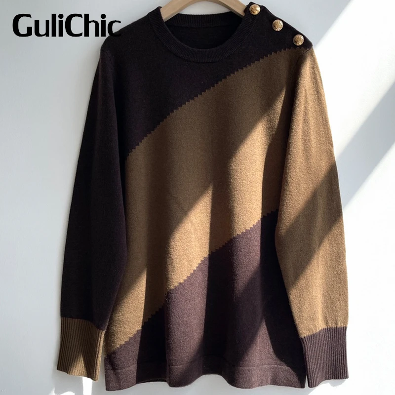 

12.1 GuliChic Vintage Contrast Color Cashmere Sweater Women Round Neck Shoulder Button Knitted Pullover