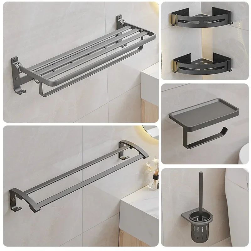 

Non punching bathroom storage towel rack, bathroom gray space aluminum towel rack, bathroom hardware pendant set
