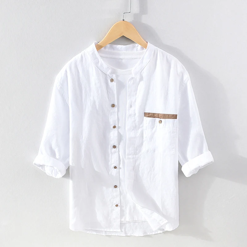 

100% Linen Three Quarter Shirt for Men Summer New Solid Color Stand Collar Tops Male Casual Hemp Shirt Retro Clothes