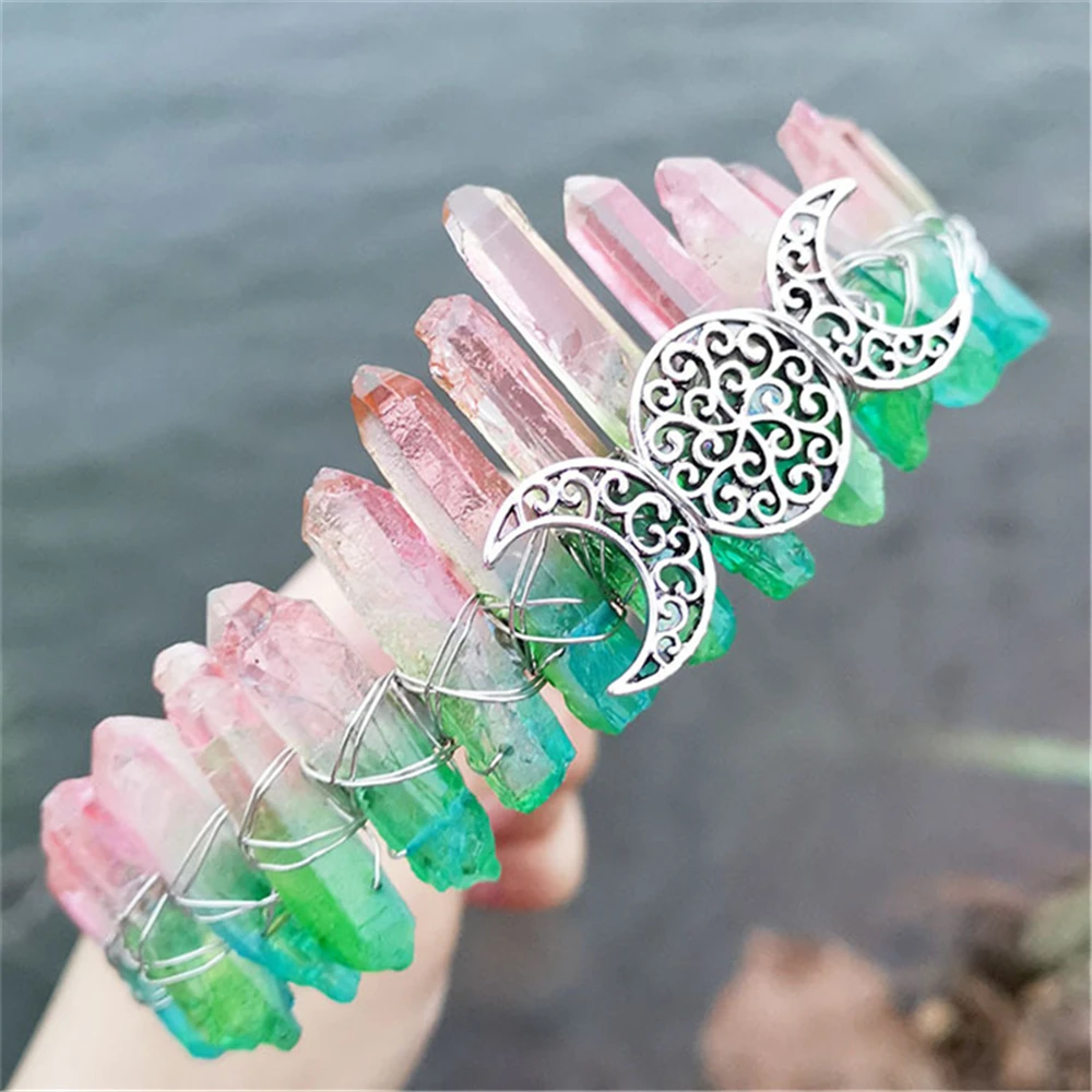 Charm Natural Crystal Wicca Moon Hair Accessories Women Witch Girl Crown Handmade Raw Quartz Headdress Gothic Prom Tiara Jewelry