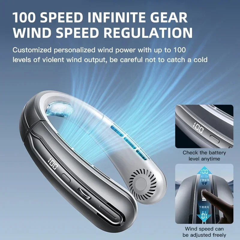 Xiaomi 8000mAh USB Hanging Neck Fan Portable Bladeless Mini Rechargeable Mute LED Digital Display Electric Fans Air Cooler New 5