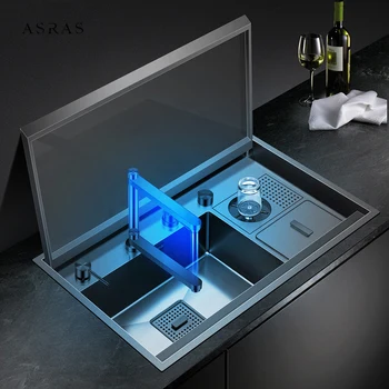 ASRAS นาโนเมตรซ่อนอ่างล้างจานเดี่ยวเคสแบบพับปิดได้ซ่อนขนาดใหญ่304สแตนเลส4Mm ความหนา Handmade อ่างล้างจาน 1