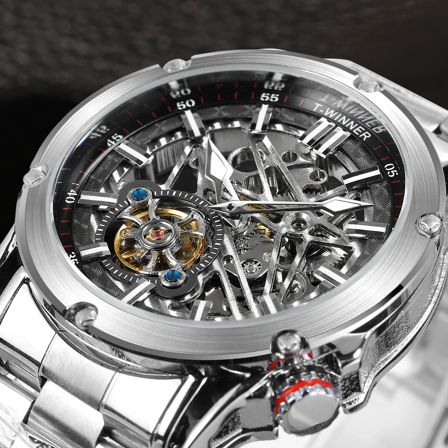 Orologio da uomo di lusso di alta qualità WINNER, grande, in acciaio inossidabile, con scheletro, tourbillon, movimento automatico, orologio meccanico militare maschile_voghion.com