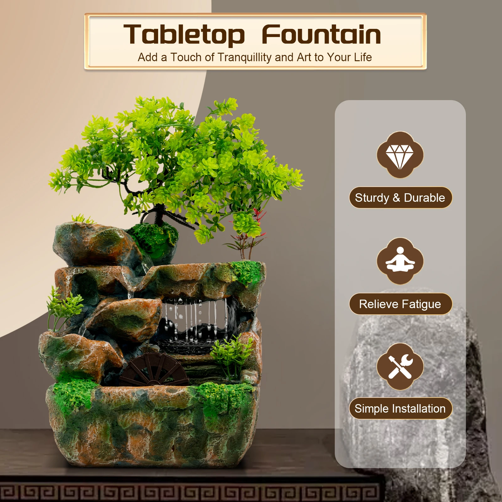 Indoor tabletop fountain with cascading water and LED lighting