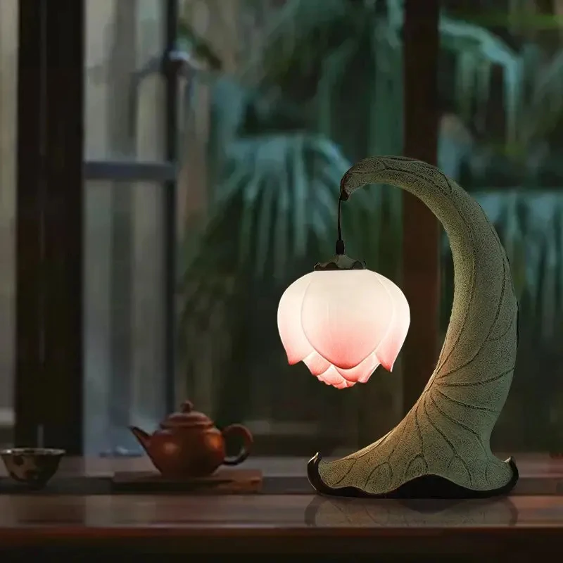 침실 침대 옆 거실 홈 데코용 녹색 잎사귀 받침대가 있는 빈티지 연꽃 테이블 램프