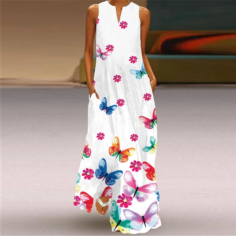 MOVOKAKA Spring Summer Print Long Dress Women Beach Holiday Casual Fashion Elegant Dresses Party Sleeveless V Neck Maxi Dresses