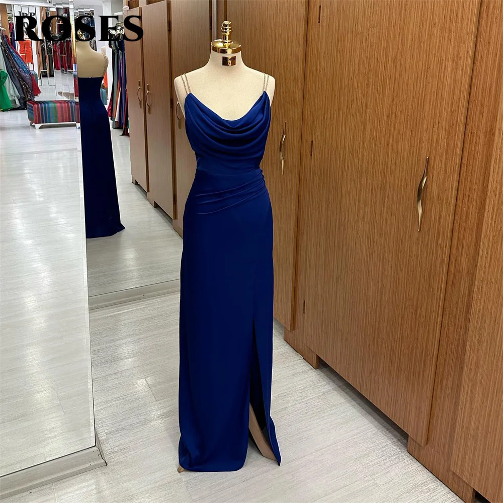 

Женское вечернее платье на бретелях-спагетти, темно-синее длинное плиссированное платье без рукавов для особых случаев