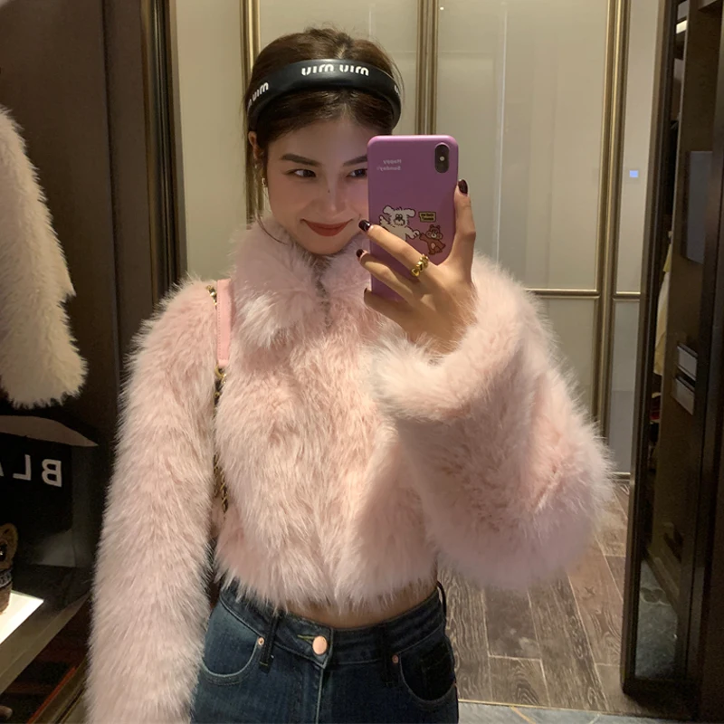 

Winter Warm Short Cut Faux Fur Coats Women Long Sleeves Turn Down Collar Sweet Girls Pink Faux Fur Coat