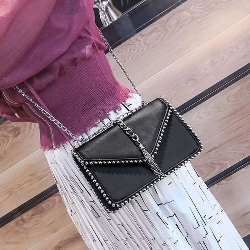 Women Ladies Tassel Rivet Mini Chain Crossbody Shoulder Bag Tote Purse Handbag E74B