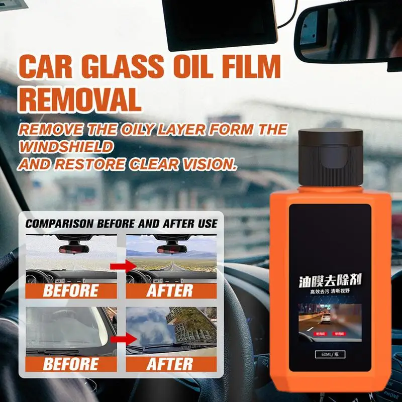 Car Oil Film Cleaner Car Glass Oil Film Removal Cleaner 60ml Restore Glass Clarity Quickly And Easily With Sponge For