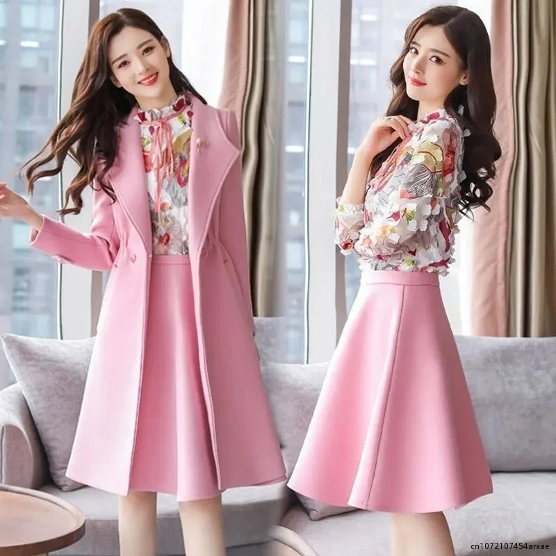 

2023 New Autumn Winter Small Fragrance Wind Woolen Skirt 3pcs Sets Women Fashion Two-Piece Woolen Windbreaker+Dress Suit Women