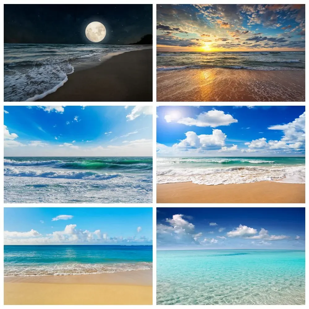 

MOON.QG Sunset Beach Waves Backdrop for Photography Summer Holiday Ocean Seaside Photocall Background Cloud Sand Blue Photozone