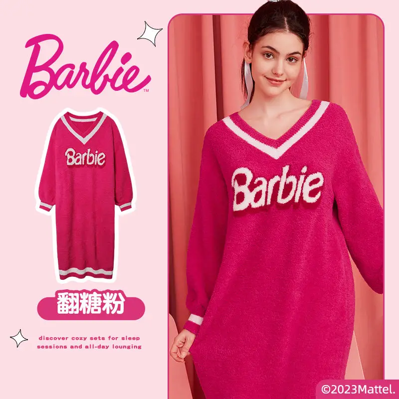 

Fashion Barbie V-neck Nightgowns with half velvet Warm Winter Homewear kawaii Cartoon Letter Sweater long sleeve pajama Dress