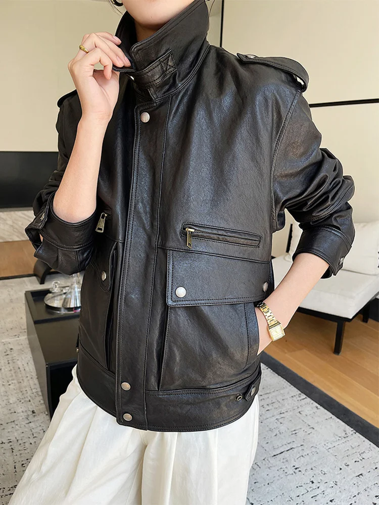 

Vintage Genuine Leather Jacket for Women Autumn Winter 2023 Trend High-end Real Lambskin Streetwear Motorcycle Coat