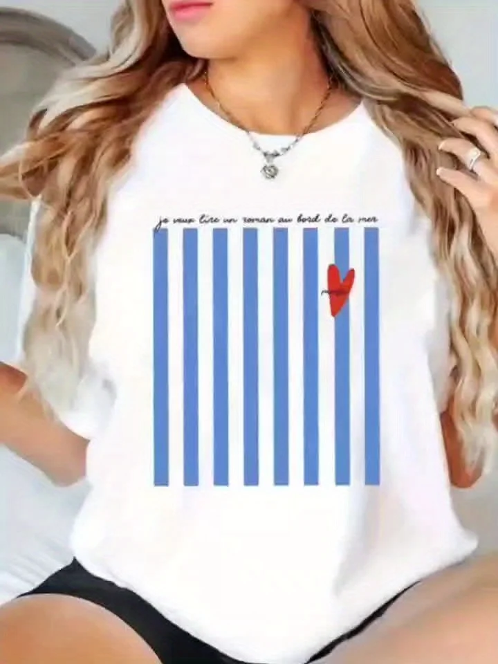 Light Blue Striped Pattern Printed Summer T-shirt for Women Round Neck Short Sleeved Casual Women's T-shirt Clothing 2