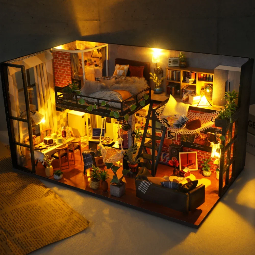 DIY Big House Dollhouse Building Kit DIY Wooden Doll House Miniature Bedroom with Furniture Light and Dustcover for Children Toy