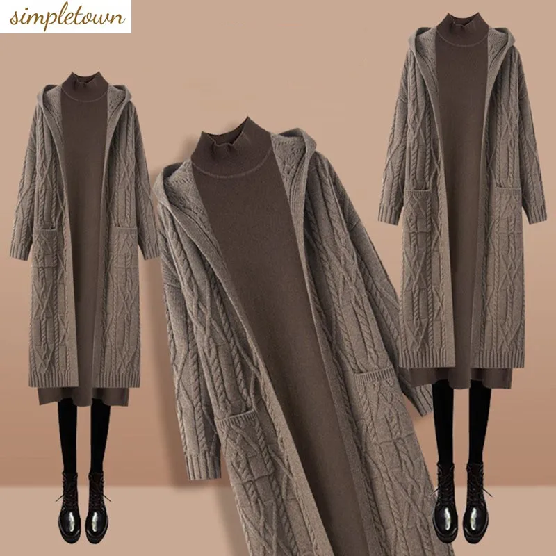 Oversized Women's Winter Set 2023 New Korean Fashion Sweater Waist Shrinking Slim Dress Two Piece Set Fashion