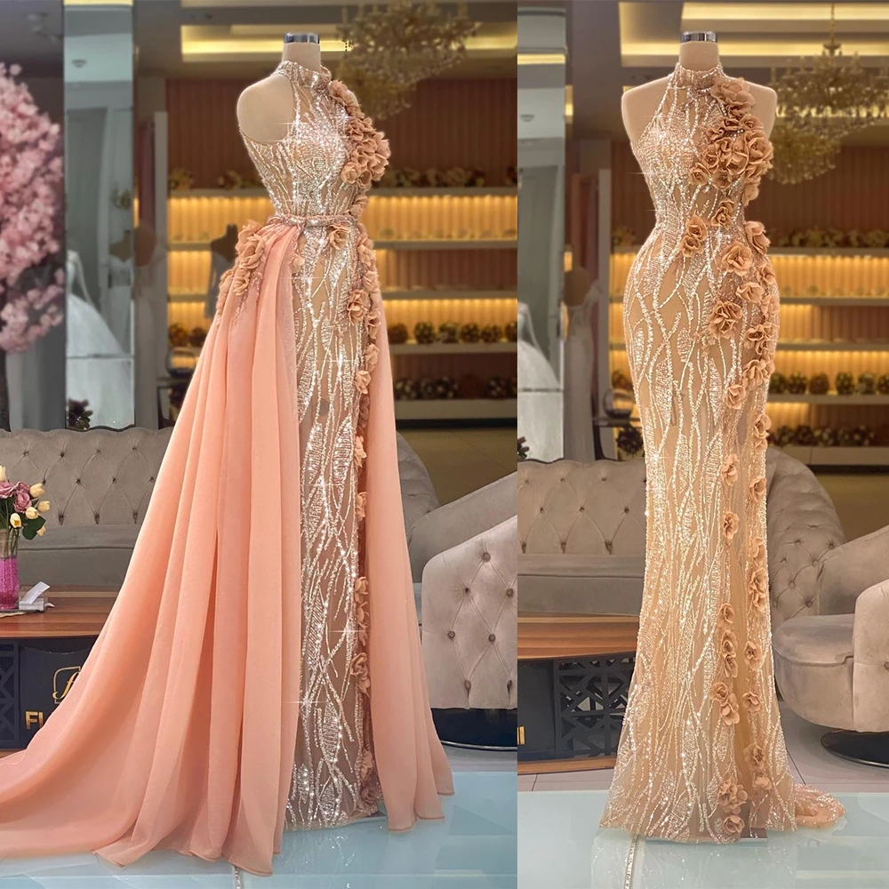 

Graceful Mermaid High Neck Prom Dresses Illusion Lace Flowers Evening Dress Custom Made with Overskirts Party Gown