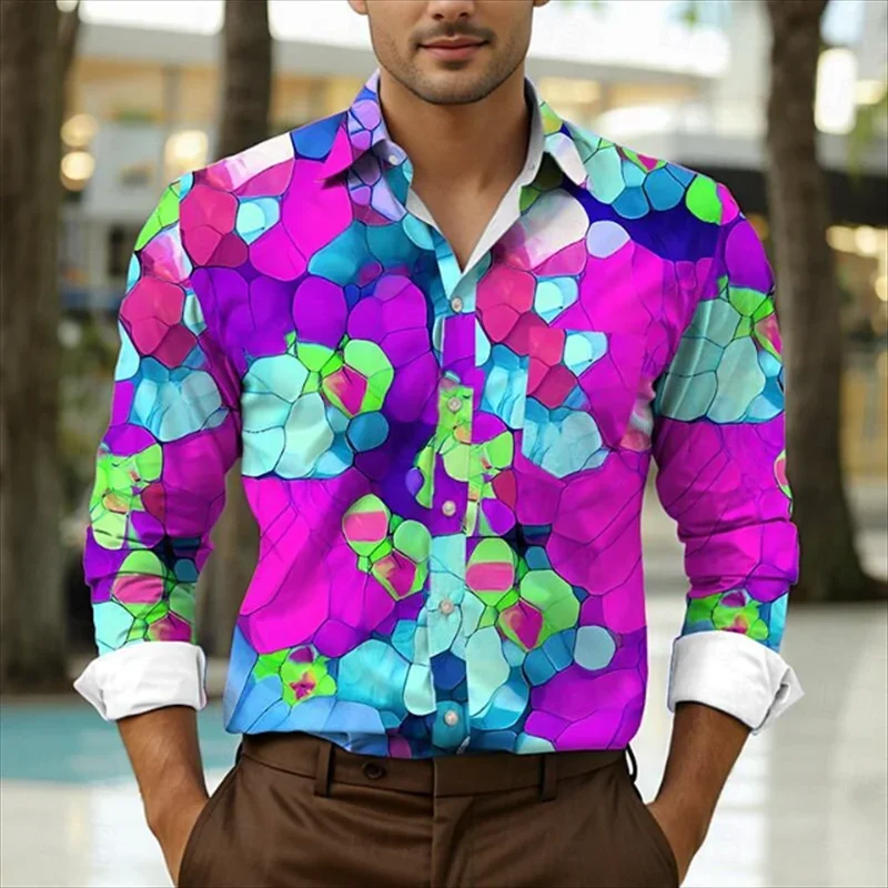 2024 Color Block Colorful Men's Abstract Daily Wear Outing Spring Lapel Long Sleeve Shirt Comfortable Soft Top Fashion Button De