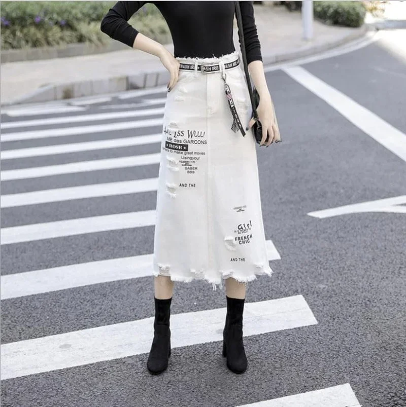 Female Sexy Casual Letter Printing Ripped Denim Skirts Spring Women Fashion High Waist Large Size A-Line Hole Jean Skirts White