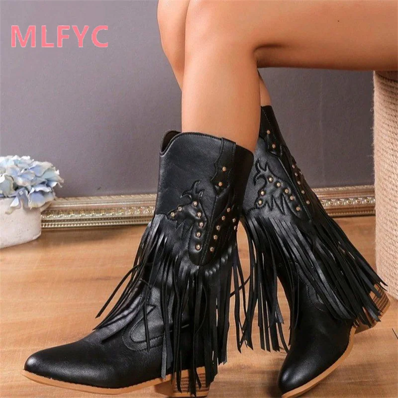 

Europe and America Vintage Tassel Boots 2023 Autumn/Winter New Rivet Mid Barrel Boots Large Knight Boots Mujer