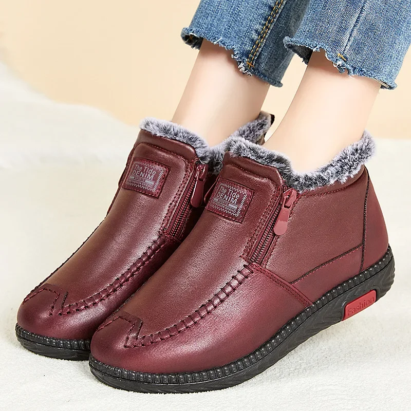 High quality short ankle snow leather boots for women round toe thickening new 2023 winter casual plush warm shoe - black red