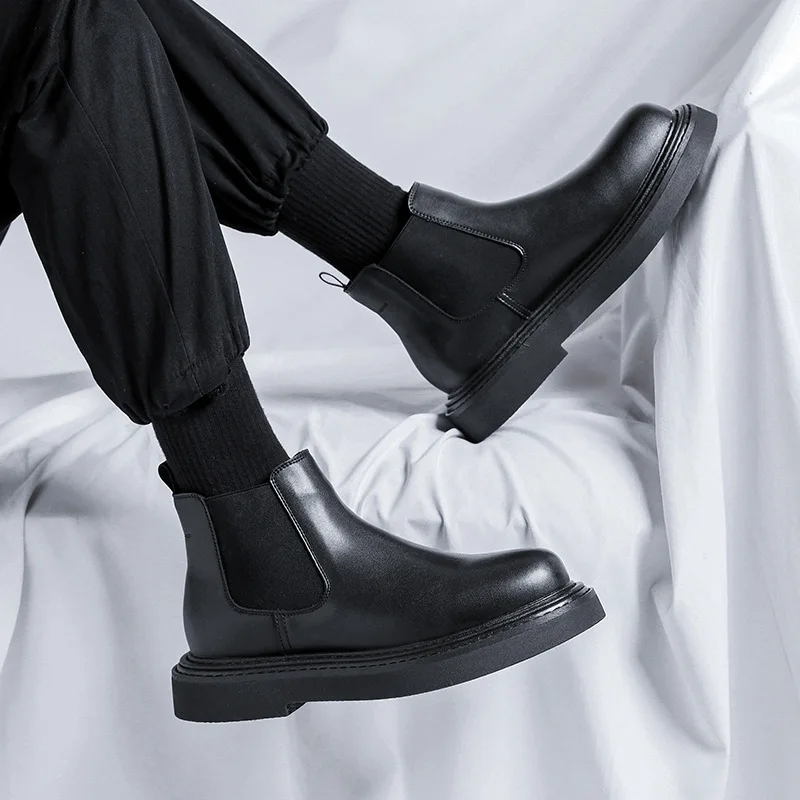 

men fashion chelsea boots black trendy natural leather shoes party banquet dress cowboy platform boot handsome ankle botas male