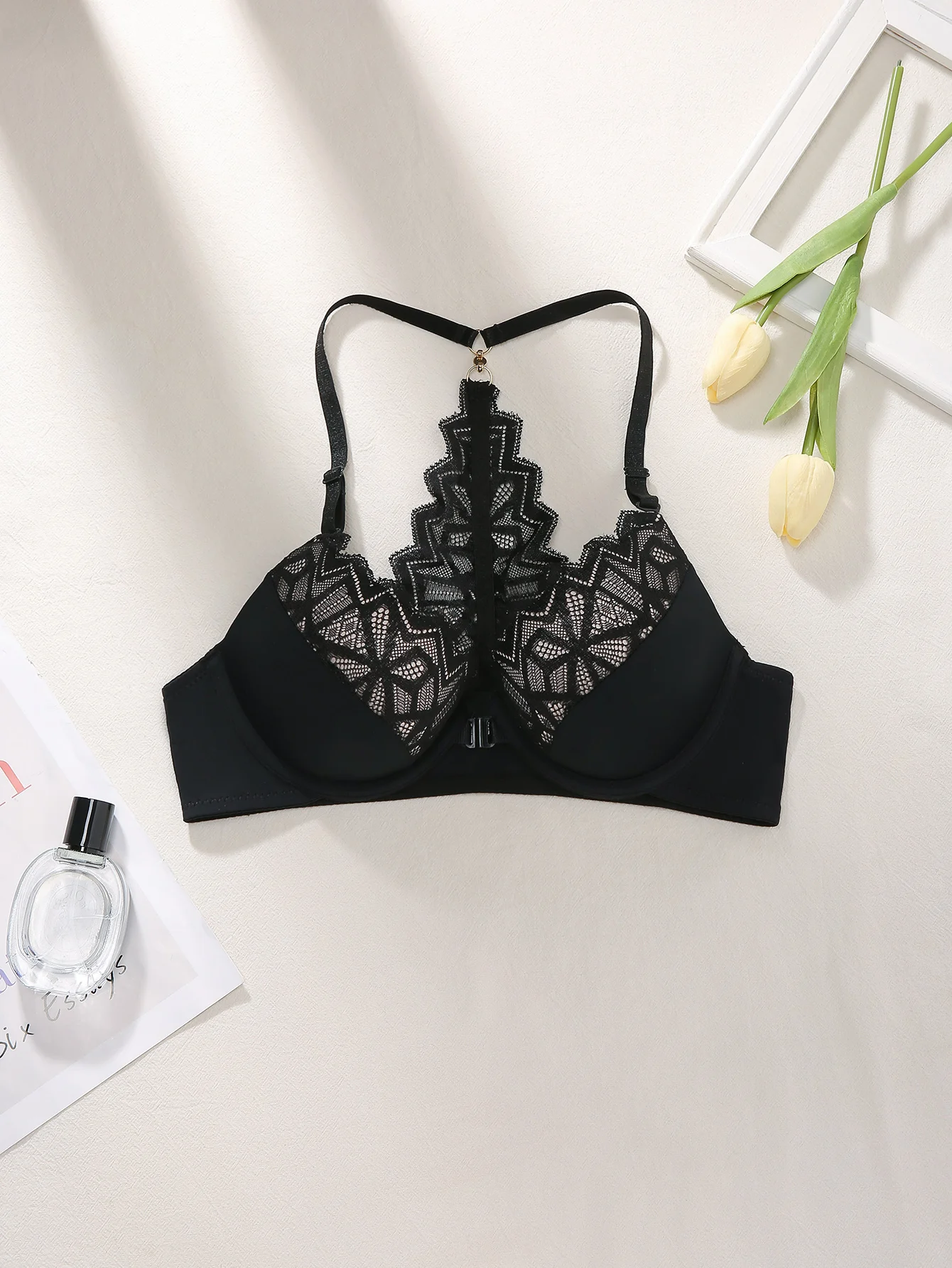 Reggiseno da donna in pizzo con schiena scoperta, chiusura frontale, push-up, alla moda, color block, floreale, con ferretto, sexy, top lingerie - immagine 6