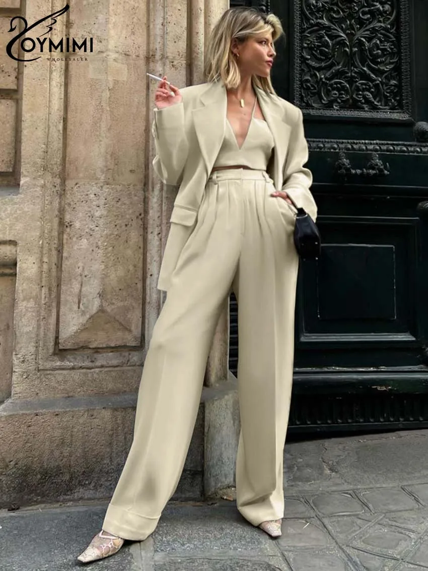 Oymimi Elegant Khaki Office Womens 2 Piece Outfit Set Fashion Long Sleeve Single Button Blazers And Simple Straight Trousers Set 2022 trend casual khaki women s jeans y2k woman high waist pant streetwear straight wide leg pants korean fashion trousers