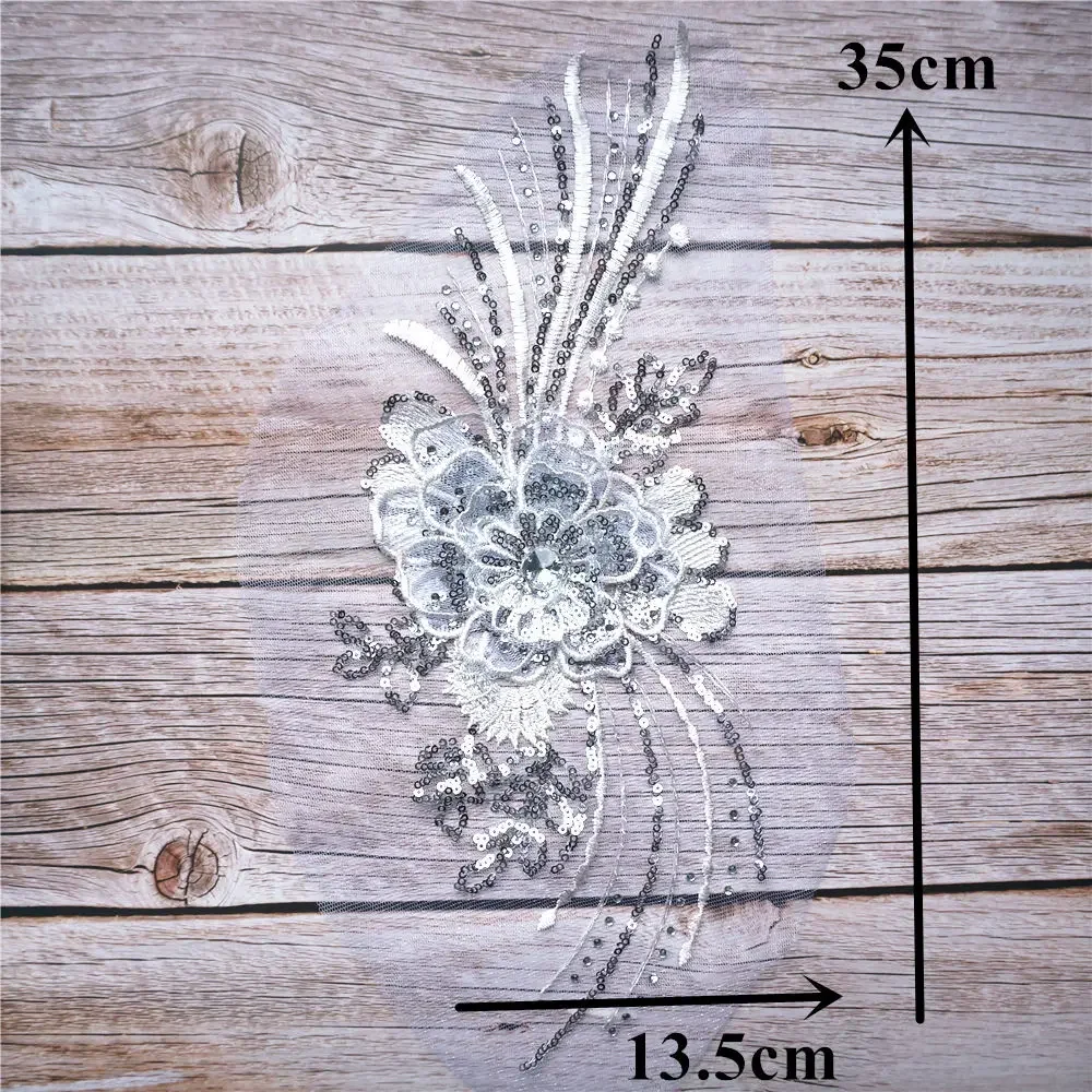 Description Picture 6 of itemGold Silver Sequined 3D Flower Tassel Appliques Embroidered Lace Mesh Rhinestone Sew On Patches For Wedding Dress DIY Decoration