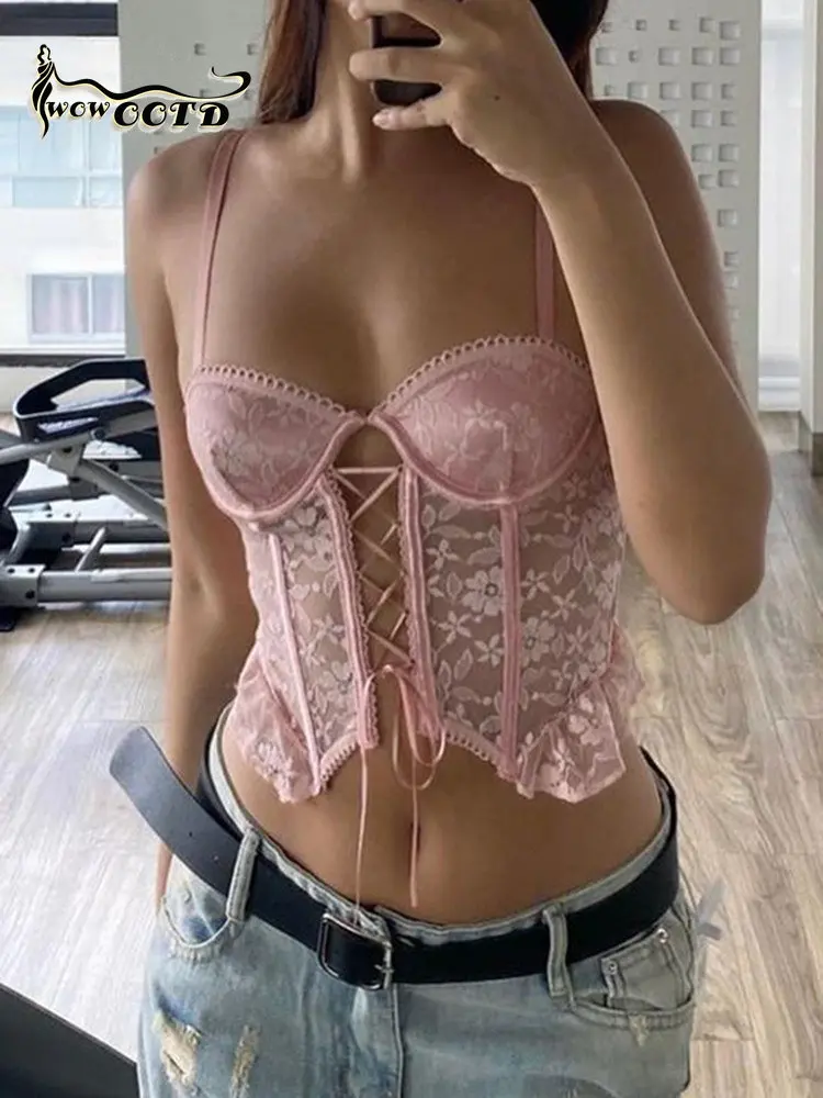 

WOWOOTD Pink Floral Lace Summer Tops Cute Kawaii Y2K Clothes Hollow Out Bandage Sexy Bustiers Corsets Vest Female Camisole