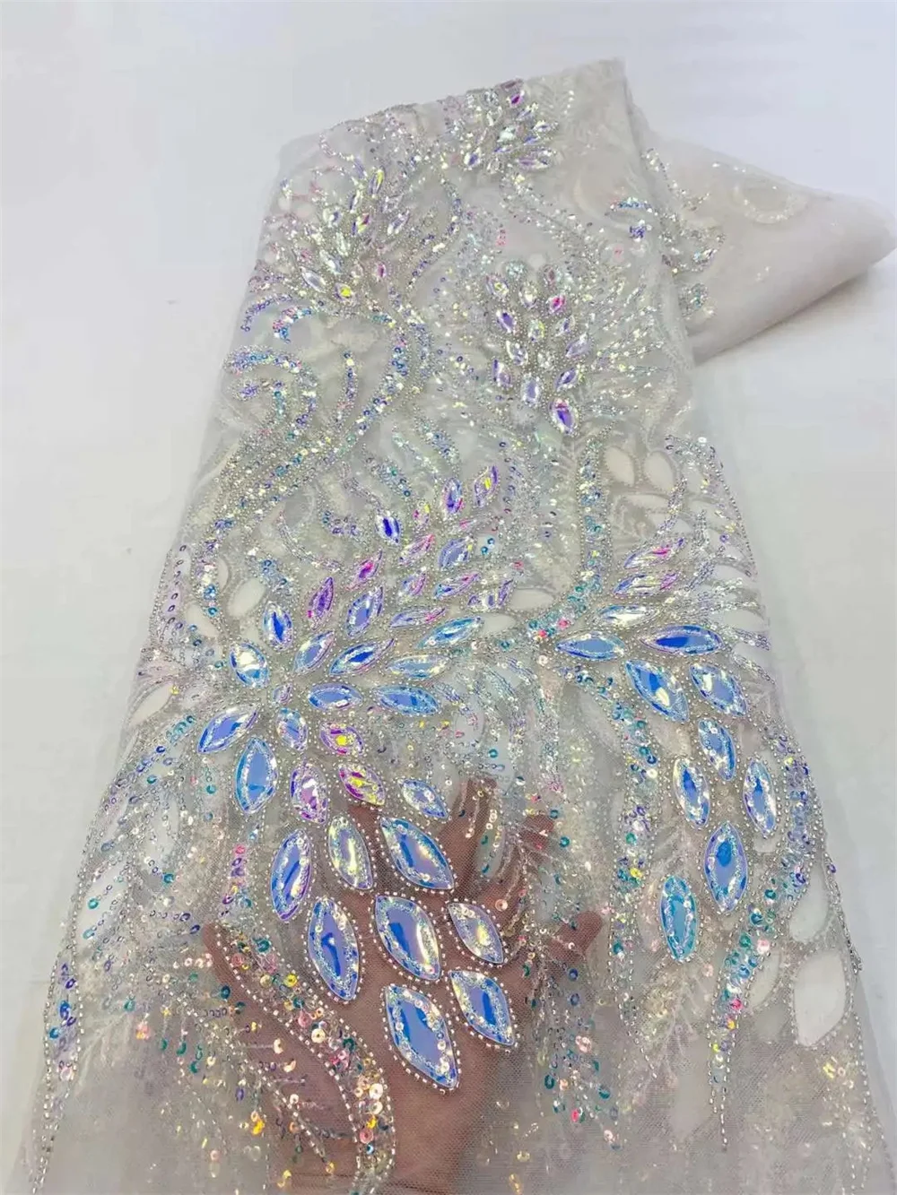 African Sequins Beaded Lace Fabric Nigerian Groom Embroidery French Tulle Lace Fabric For Bridal Wedding WB06