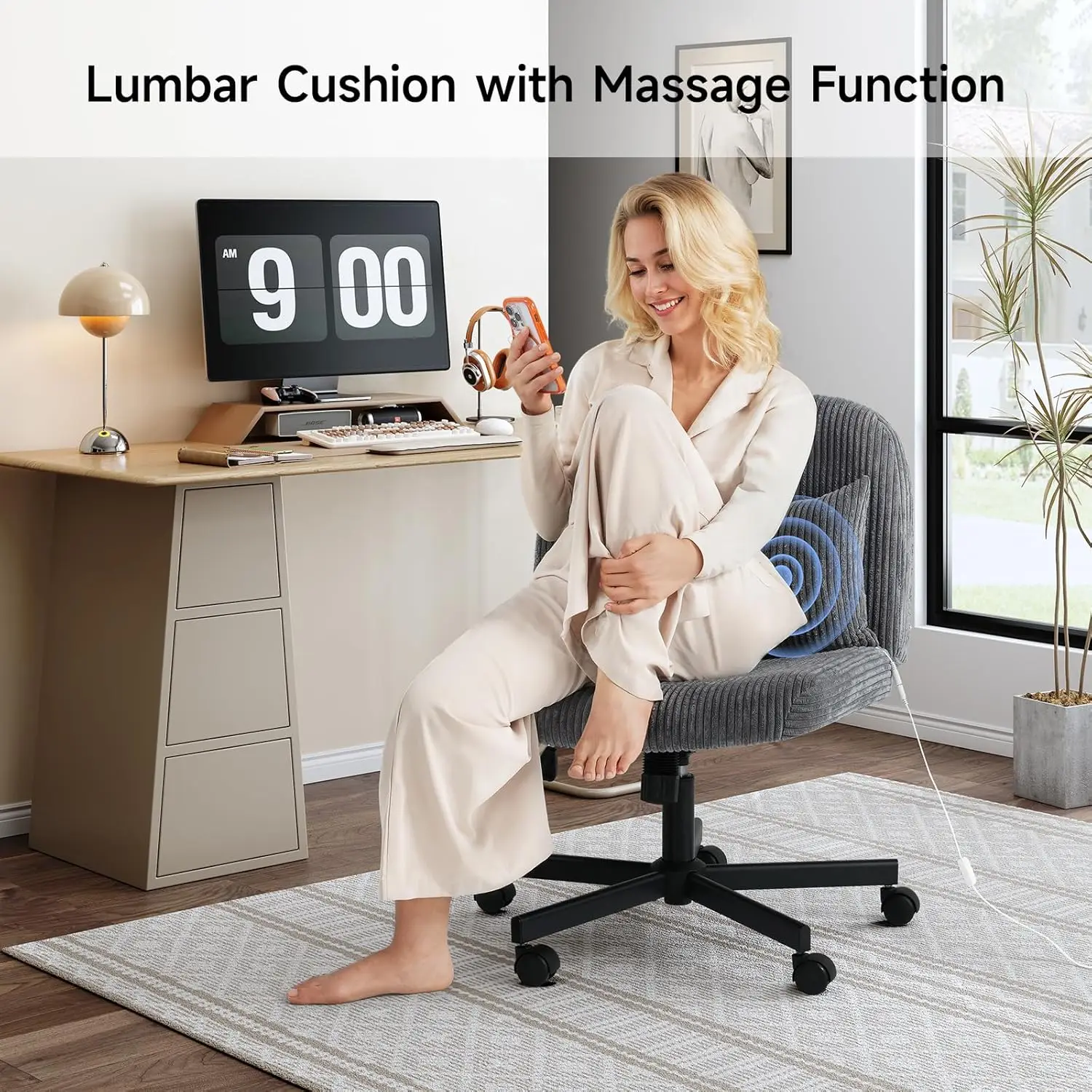 Criss Cross Chair with Wheels, Corduroy Massage Cross Legged Office Chair with 2 Layers Sponge Cushion, Armless Vanity Wide Seat