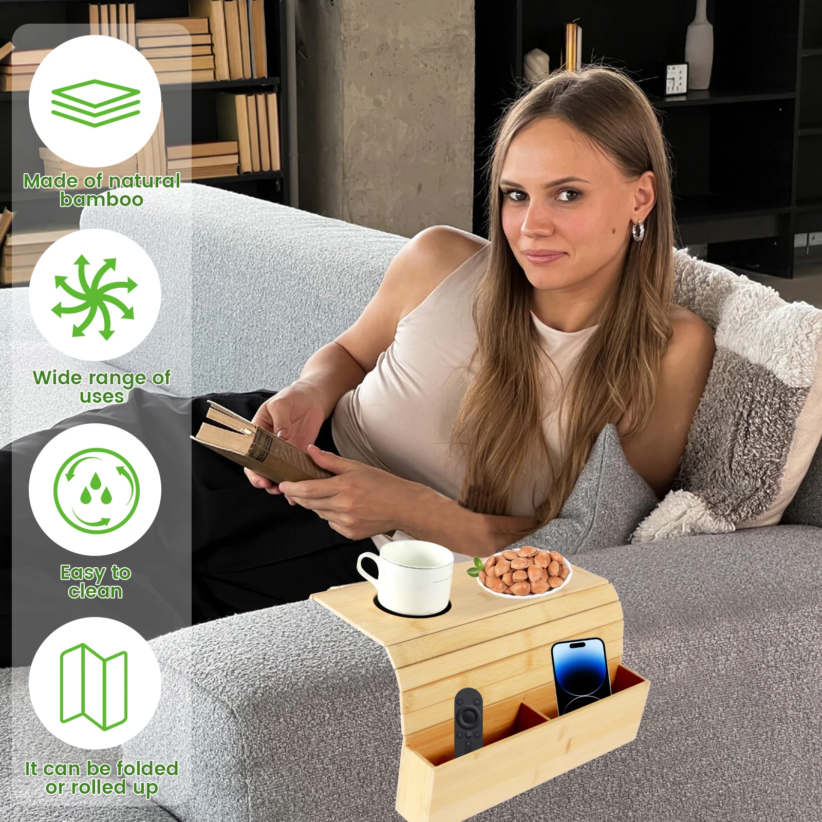 Sofa Arm Tray Bamboo Couch Arm Tray with Basket Foldable Nonslip Splash Proof Sofa Organizer Tray Sofa Arm Table for Drink Snack 5