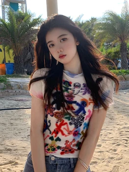 تي شيرت نسائي بأكمام قصيرة مطبوع عليها رسومات ، هاراجاكو ، تي شيرت على الموضة الكورية ، ملابس علوي ، ملابس الشارع العتيقة ، رقبة دائرية ، الصيف ، Y2k 2