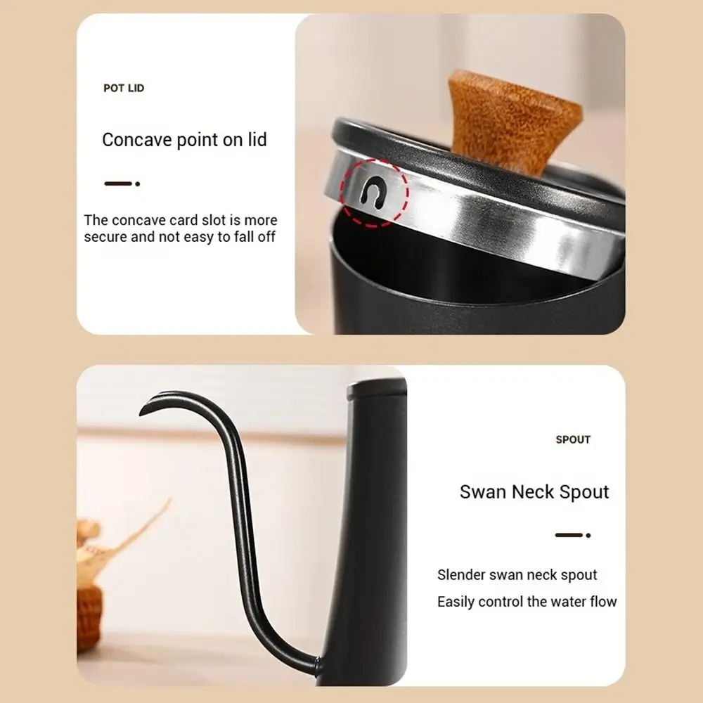 Stainless Steel Goose Neck Coffee Pot 550ml/850ml Drip Port Pour Over Coffee Kettle Wooden Handle Scale Hand Brewing Kettle