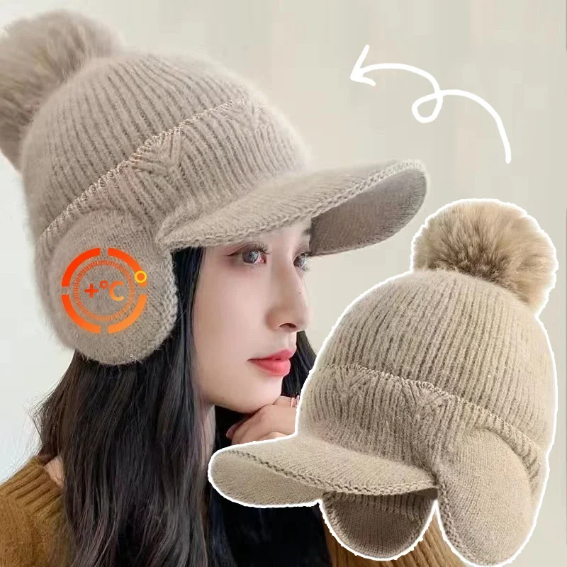 

Winter Knit Earflap Hat for Women Solid Color Pompom Ear Protection Baseball Cap Female Outdoor Cycling Earmuff Caps Gorras 겨울모자