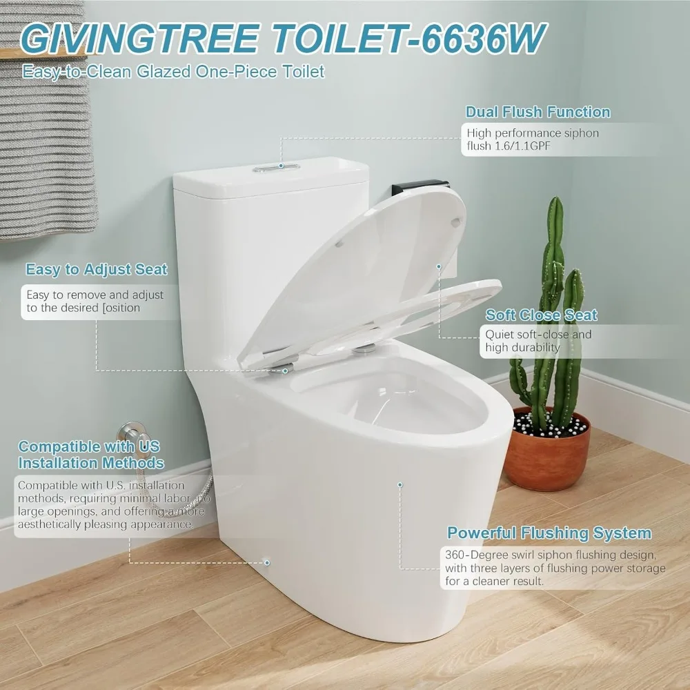 Dual Flush Elongated Standard One Piece Toilet with Comfortable Seat Height,Powerful&Quiet Dual Flush Modern Toilet,Glossy White 4