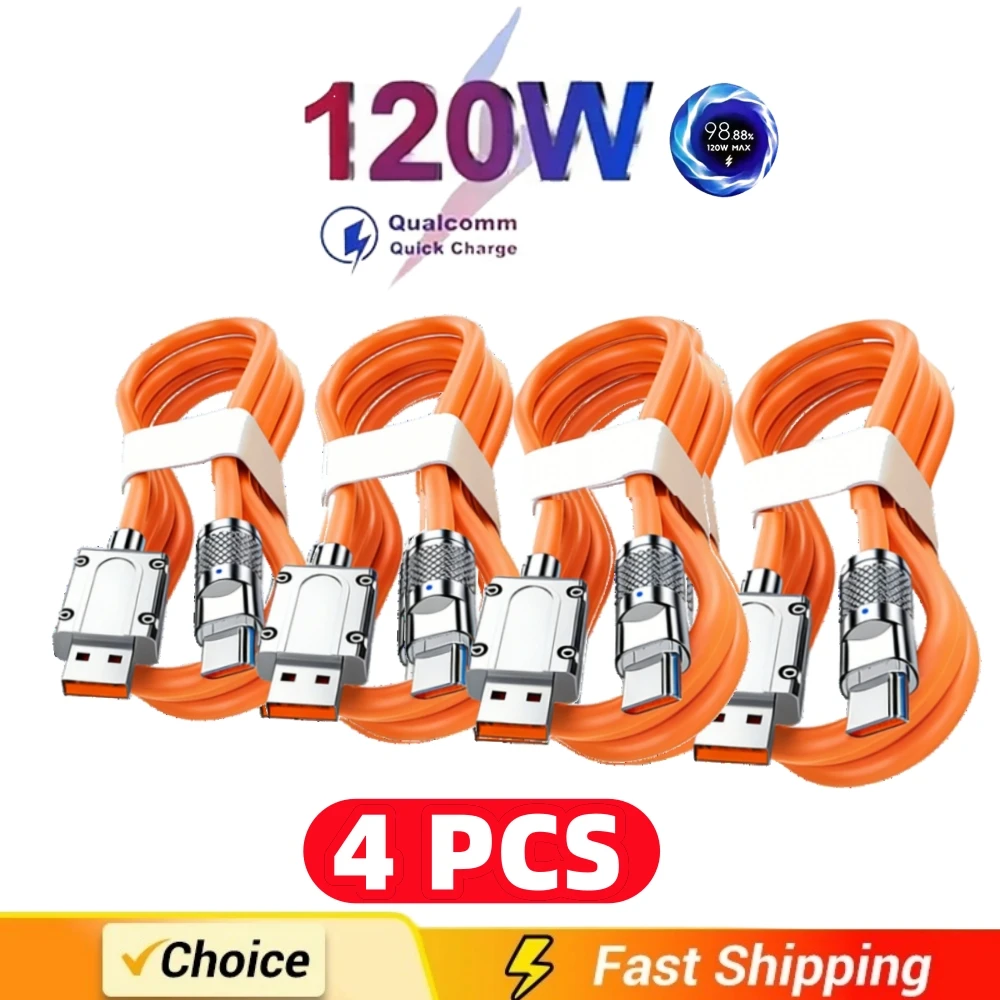 4PCS 120W Super Fast Charge Type-C Liquid Silicone Cable Quick Charge USB C Lines For Xiaomi Huawei Samsung USB Phone Data Wire
