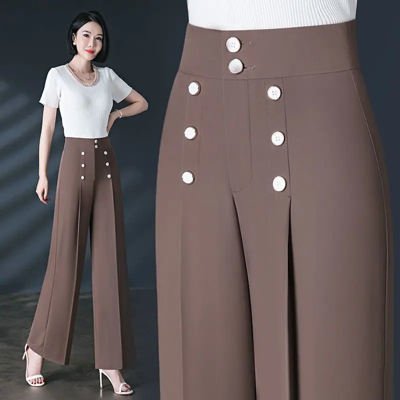 Fashion Summer Simple High Waist Casual Wide Leg Pants Women's Solid Patchwork Pockets Button Loose Versatile Straight Trousers